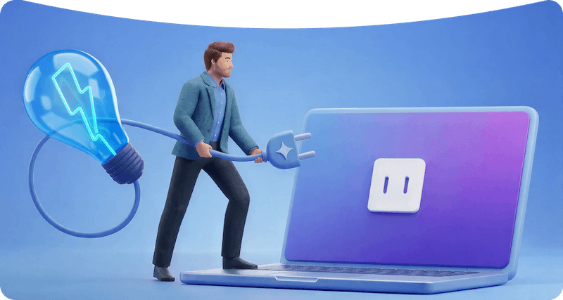 A man plugging a large light bulb into a socket depicted on a laptop screen